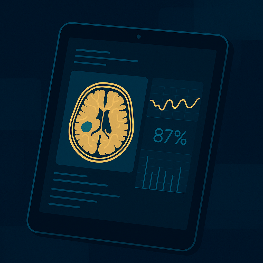 Illustration of a medical AI interface on a tablet showing brain scan analysis
